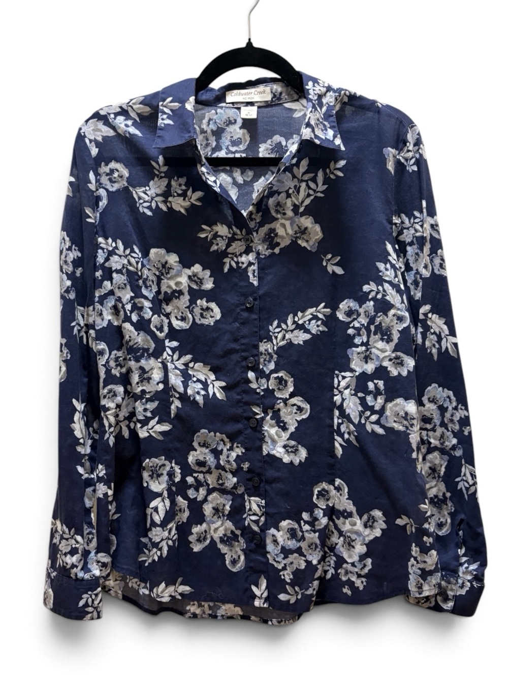 Coldwater Creek Medium (10-12) Floral No Iron Cotton Button Up Shirt Navy Blue